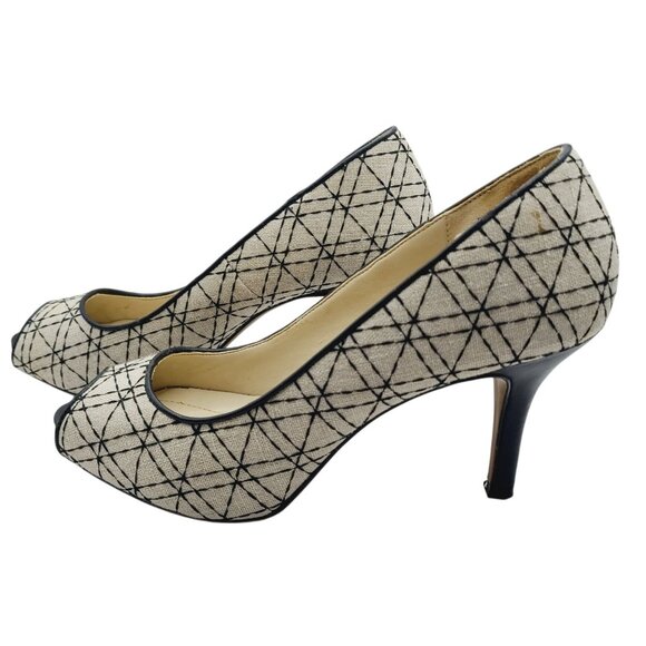 Coach And Four Beige & Black Geometric Peep-Toe Heels Size 8 Canvas 3" Stiletto - Picture 4 of 15